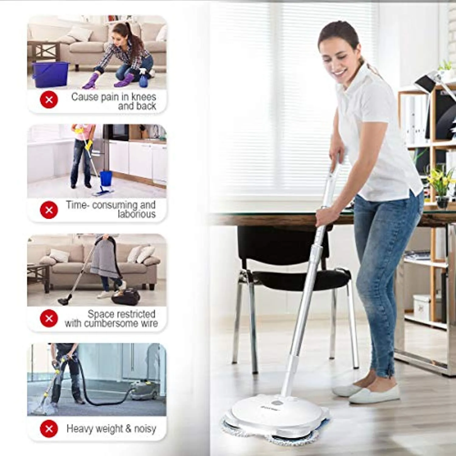 Cordless Electric Spin Mop, Spray Wireless Dual- Head Mop with LED Light