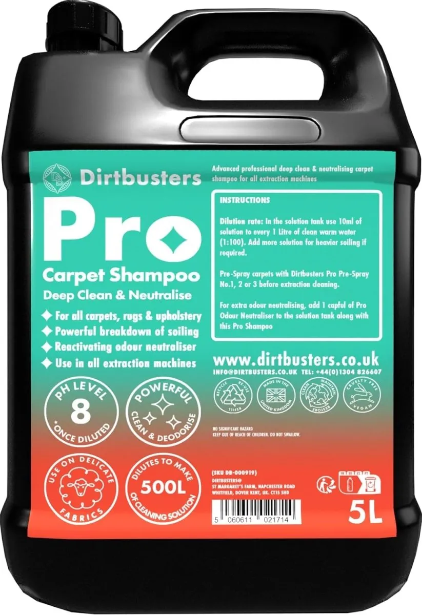 Dirtbusters Pro Carpet Cleaner Shampoo, Deep Clean & Neutralise Powerful Professional Standard Cleaning Solution With Odour Neutraliser (5L)