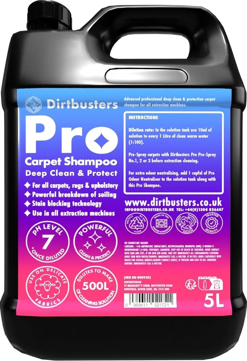 Dirtbusters Pro Carpet Cleaner Shampoo, Powerful Professional Deep Clean & Protect Cleaning Solution with Stain Protection Technology & Odour Treatment (5L)