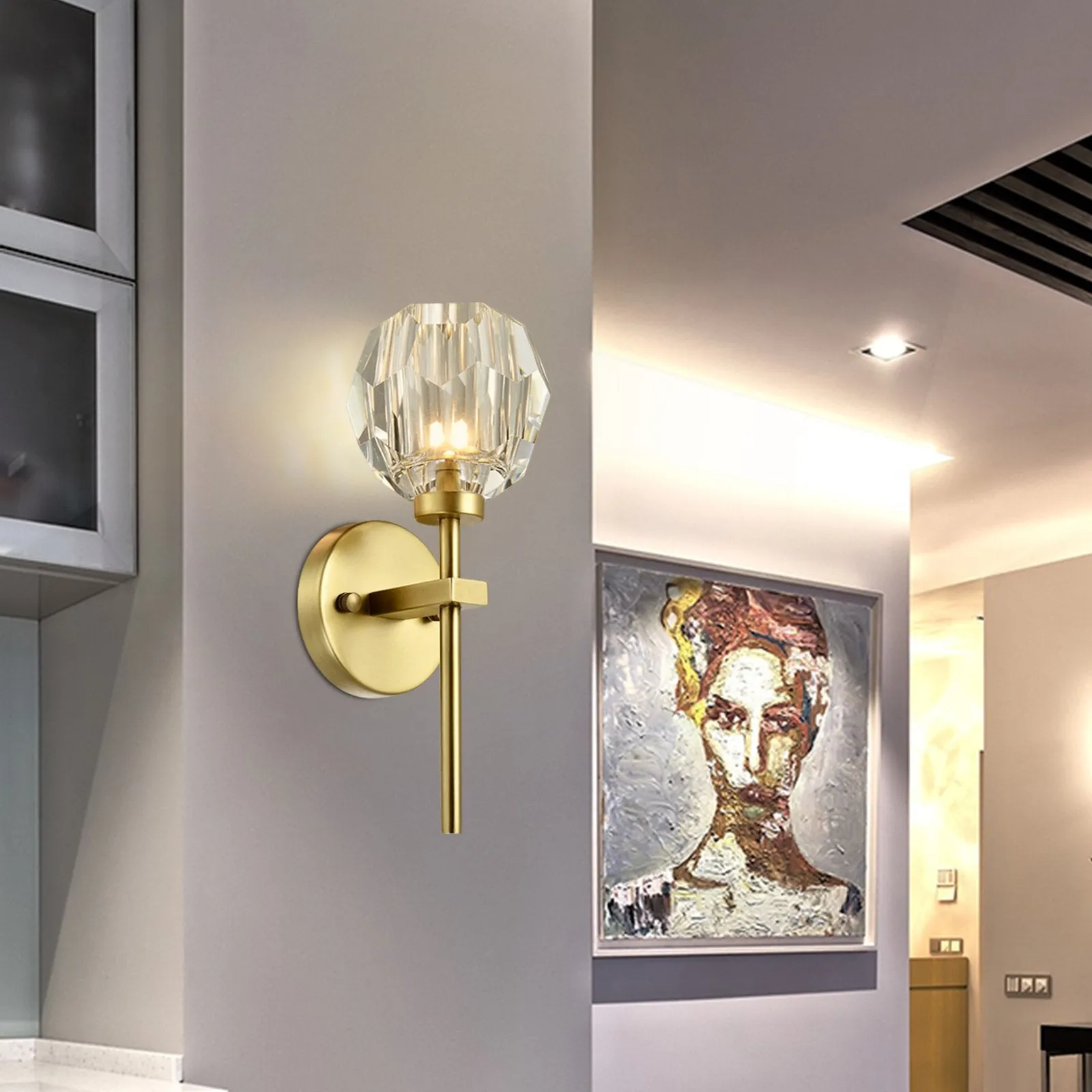 TULIM 1-Light Wall Light Short Stem Crystal Glass Shade Aged Brass G9