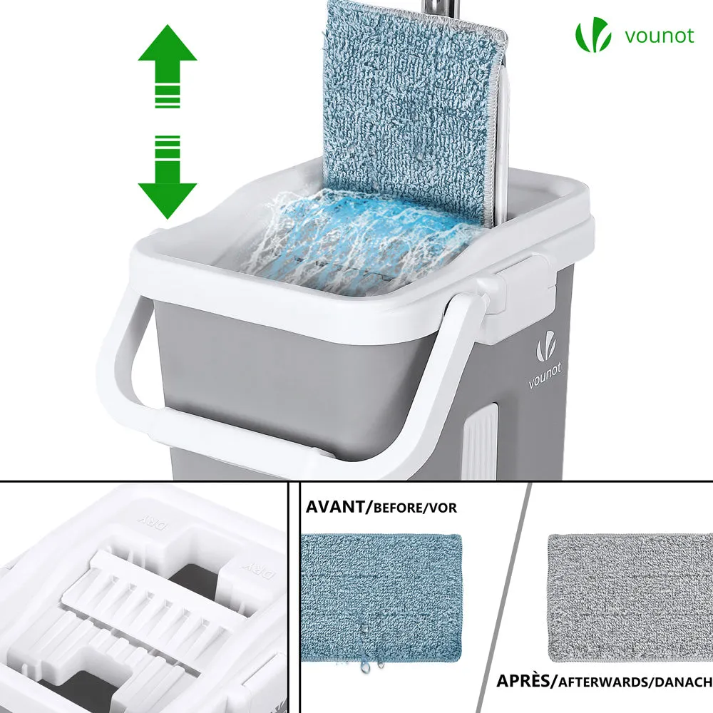 VOUNOT Flat Mop and Bucket set 2-in-1 Hands Free Squeeze with 6 Mop Pads, Grey