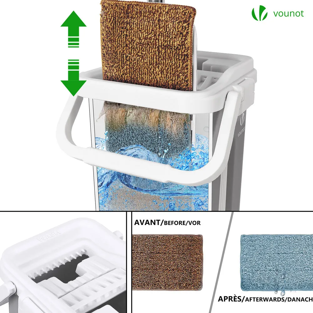 VOUNOT Flat Mop and Bucket set 2-in-1 Hands Free Squeeze with 6 Mop Pads, Grey